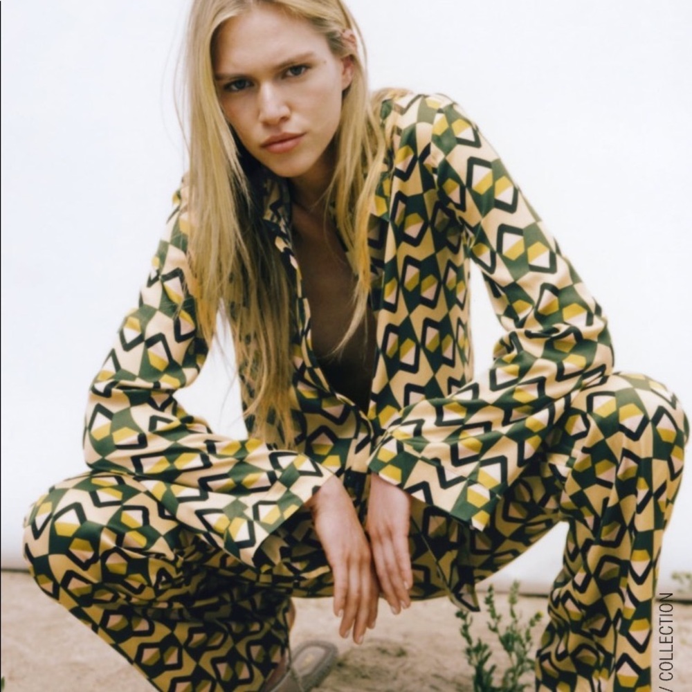 Zara Geometric Print Blouse and Pants Set in Olive and Mustard
